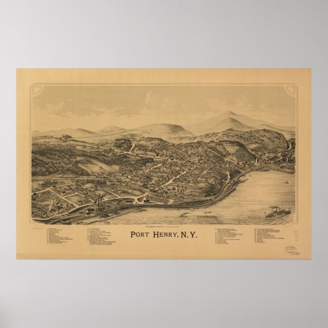 Pôster Mapa Panorâmico Antigo de Port Henry New York 1889 (Frente)