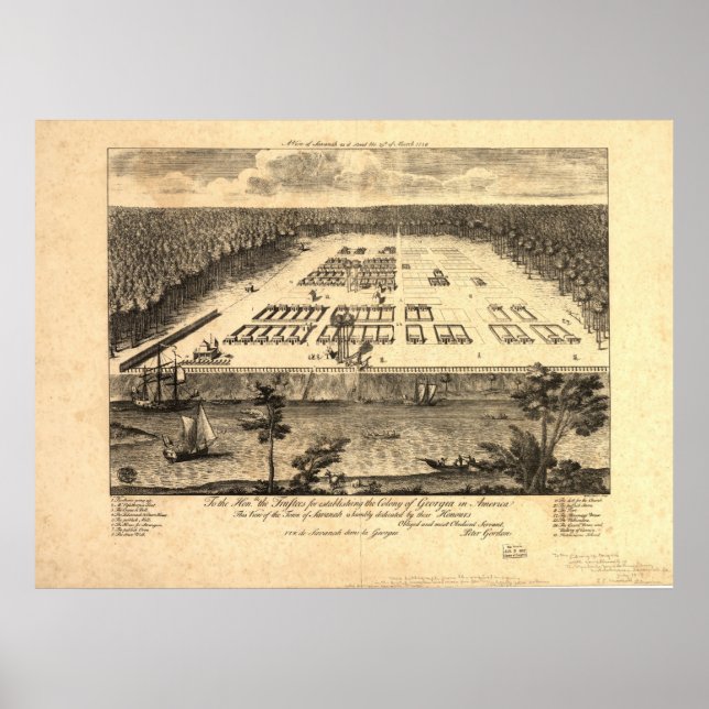 Poster Mapa Panorâmico Antigo de Savannah Georgia 1734 (Frente)