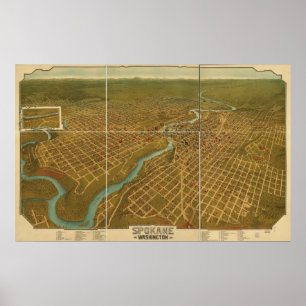 Poster Mapa panorâmico antigo de Spokane Washington 1905
