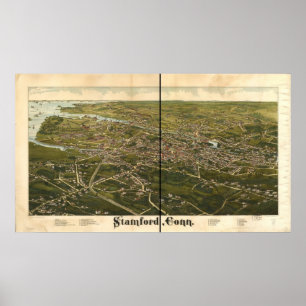 Pôster Mapa panorâmico antigo de Stamford Connecticut