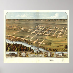 Pôster Mapa panorâmico antigo de Ulm Minnesota 1870 novo