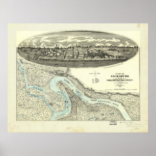 Poster Mapa panorâmico antigo de Vicksburg Mississippi