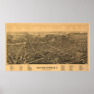 Pôster Mapa panorâmico antigo de Watertown New York 1891