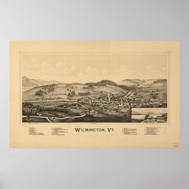 Poster Mapa Panorâmico Antigo de Wilmington Vermont 1891 (Frente)
