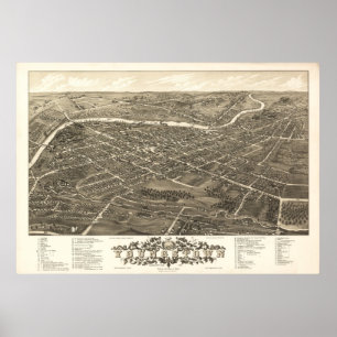 Pôster Mapa panorâmico antigo de Youngstown Ohio 1882
