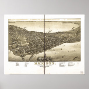Poster Mapa Panorâmico Antigo do Madison WI 1885