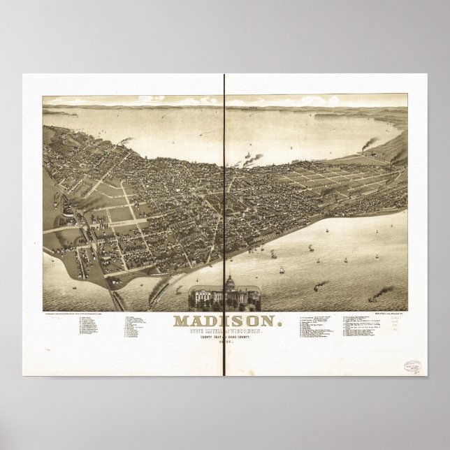 Poster Mapa Panorâmico Antigo do Madison WI 1885 (Frente)