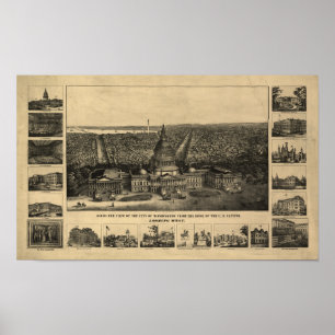 Poster Mapa panorâmico antigo do Washington DC 1860