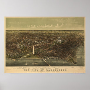 Pôster Mapa panorâmico antigo do Washington DC 1892
