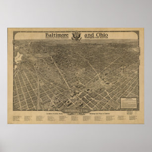 Poster Mapa panorâmico antigo do Washington DC 1923