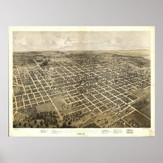 Poster Mapa Panorâmico Antiquado Bloomington Illinois 186 (Frente)