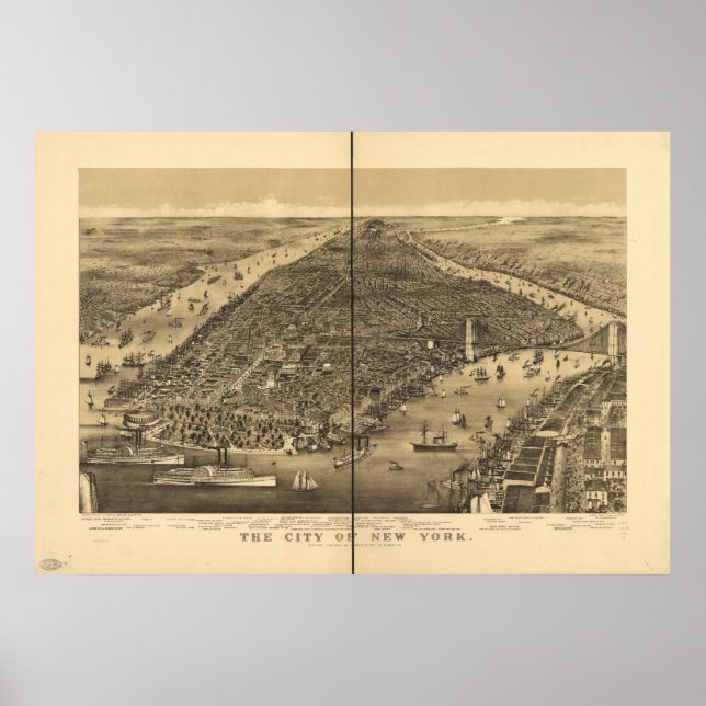 Poster Mapa Panorâmico Antiquado da Cidade de Nova York,  (Frente)