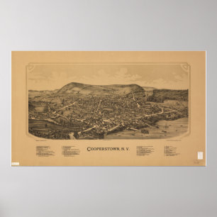 Pôster Mapa Panorâmico Antiquado da Cooperstown New York