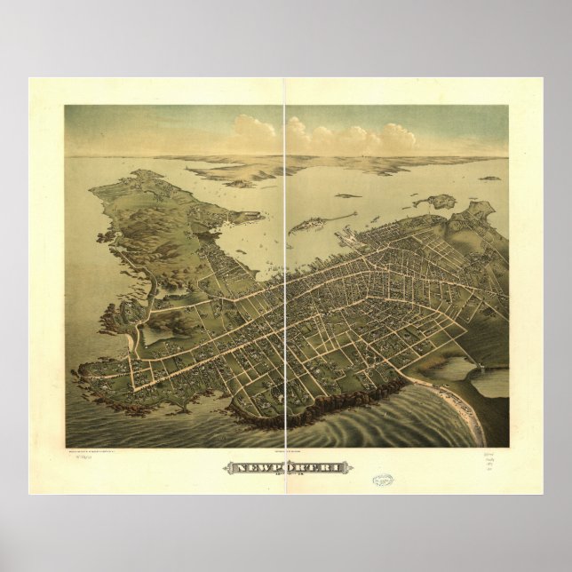 Pôster Mapa Panorâmico Antiquado da Ilha Newport Rhode 18 (Frente)