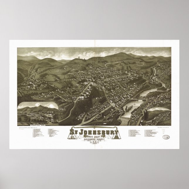 Pôster Mapa Panorâmico Antiquado da rua Johnsbury Vermont (Frente)