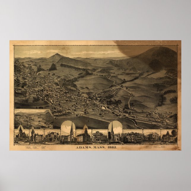 Pôster Mapa Panorâmico Antiquado de Adams Massachusetts 1 (Frente)