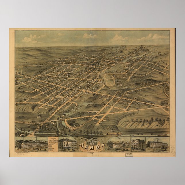 Pôster Mapa Panorâmico Antiquado de Akron Ohio 1870 (Frente)