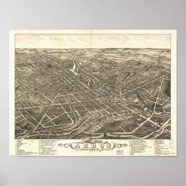 Pôster Mapa Panorâmico Antiquado de Akron Ohio 1882 (Frente)