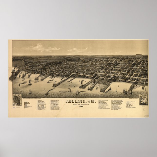 Pôster Mapa Panorâmico Antiquado de Ashland Wisconsin, 18 (Frente)