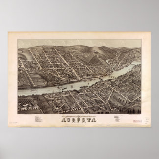 Pôster Mapa Panorâmico Antiquado de Augusta Maine 1878