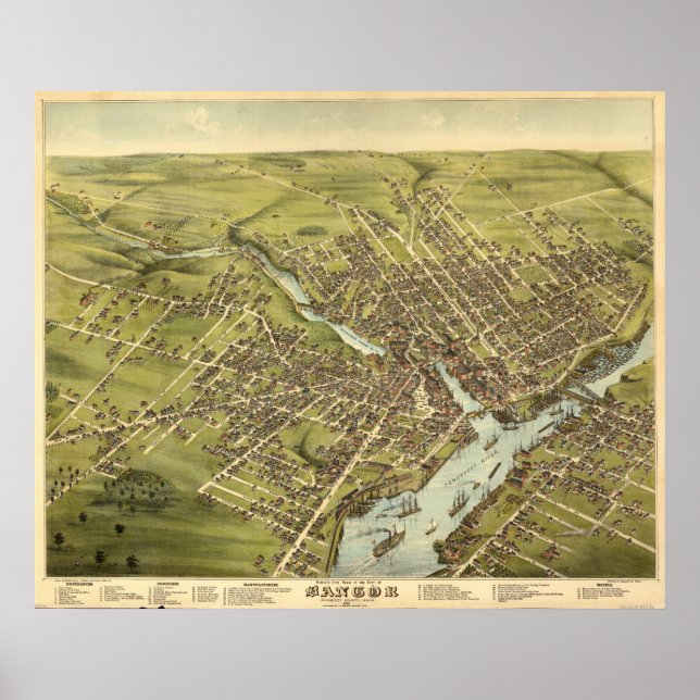 Poster Mapa Panorâmico Antiquado de Bangor Maine 1875 (Frente)