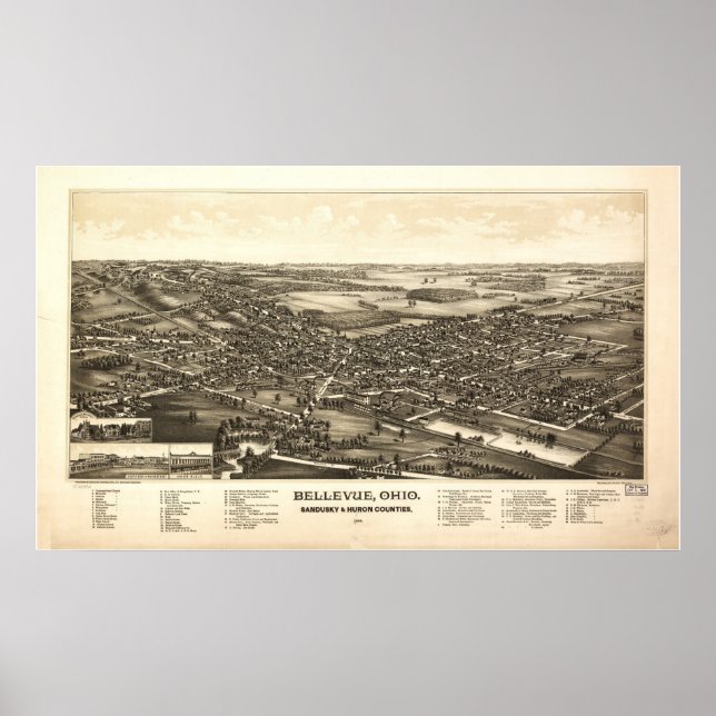 Pôster Mapa Panorâmico Antiquado de Bellevue Ohio 1888 (Frente)