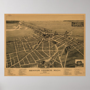 Pôster Mapa Panorâmico Antiquado de Benton Harbor Michiga