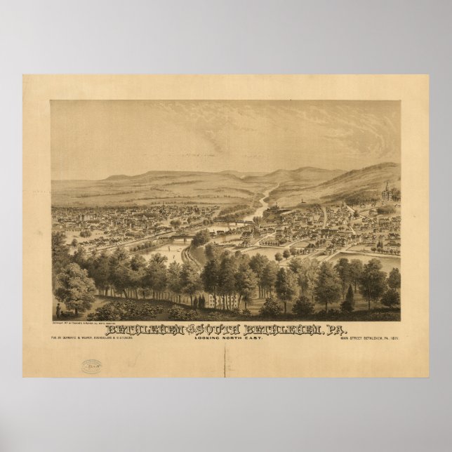 Poster Mapa Panorâmico Antiquado de Bethlehem Pennsylvani (Frente)