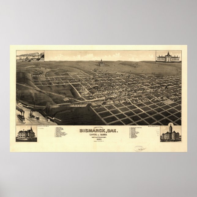 Poster Mapa Panorâmico Antiquado de Bismarck, Dakota do N (Frente)