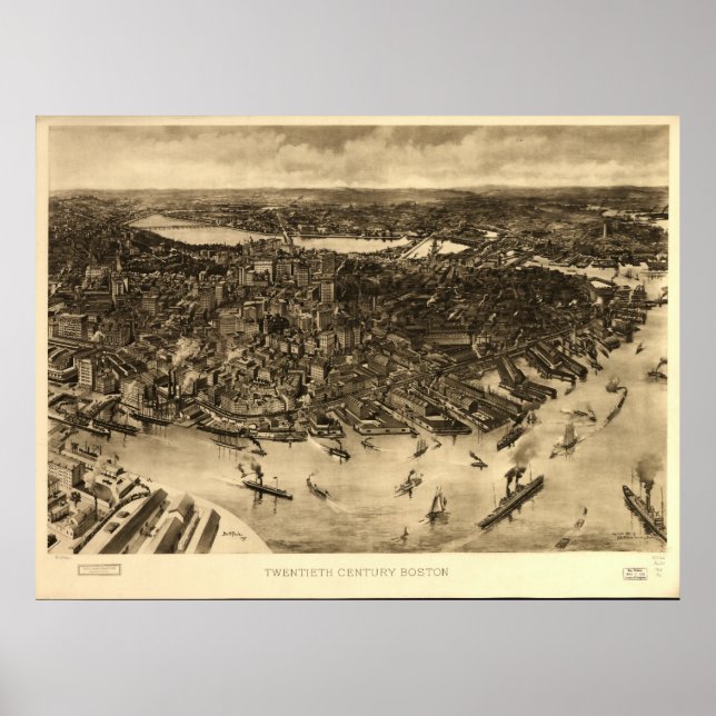 Pôster Mapa Panorâmico Antiquado de Boston Massachusetts  (Frente)