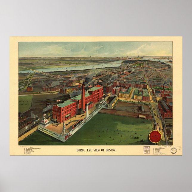 Poster Mapa Panorâmico Antiquado de Boston Massachusetts  (Frente)