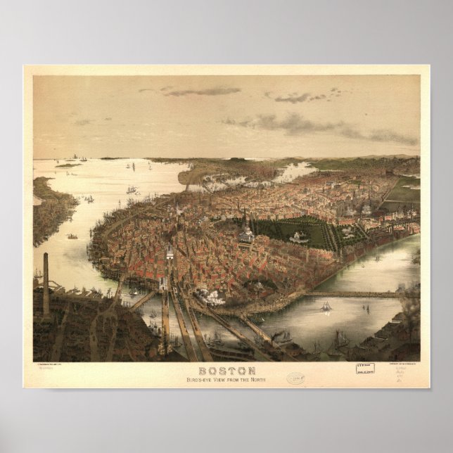 Poster Mapa Panorâmico Antiquado de Boston Massachusetts  (Frente)