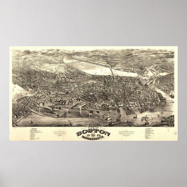 Pôster Mapa Panorâmico Antiquado de Boston Massachusetts  (Frente)