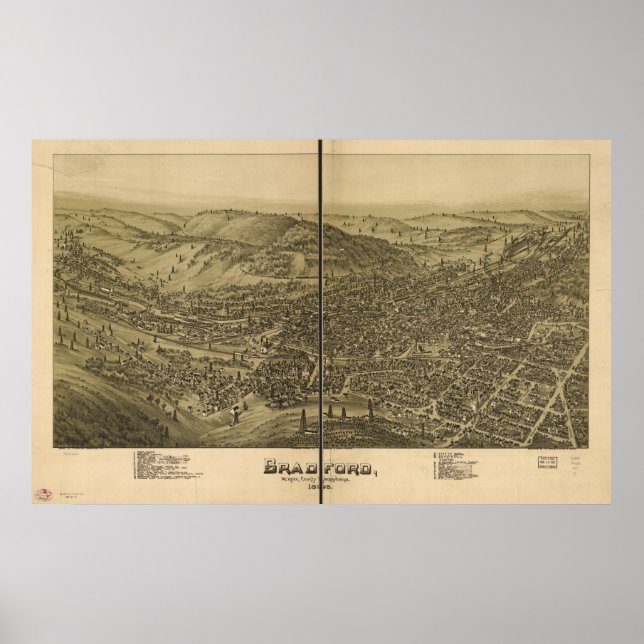 Poster Mapa Panorâmico Antiquado de Bradford Pennsylvania (Frente)