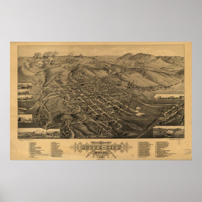Poster Mapa Panorâmico Antiquado de Butte Montana 1884 (Frente)