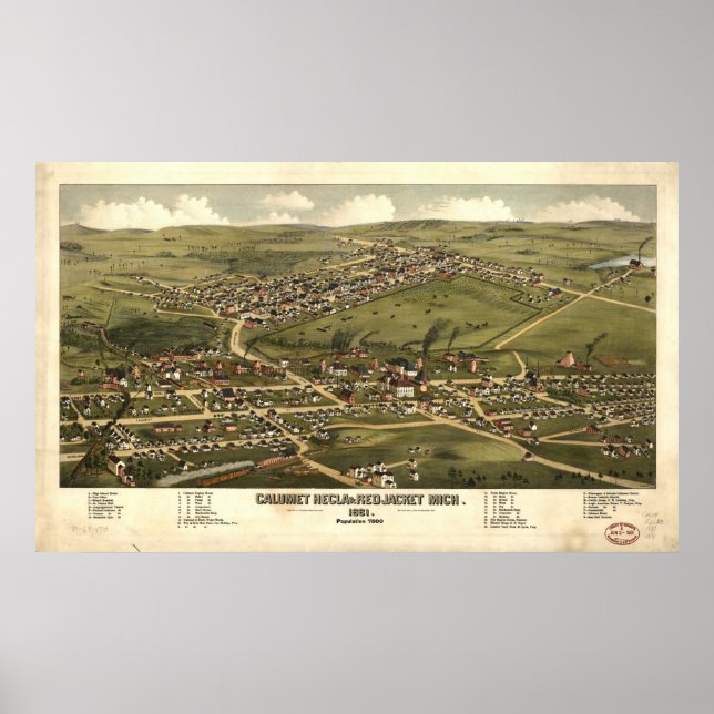 Pôster Mapa Panorâmico Antiquado de Calumet Michigan 1881 (Frente)
