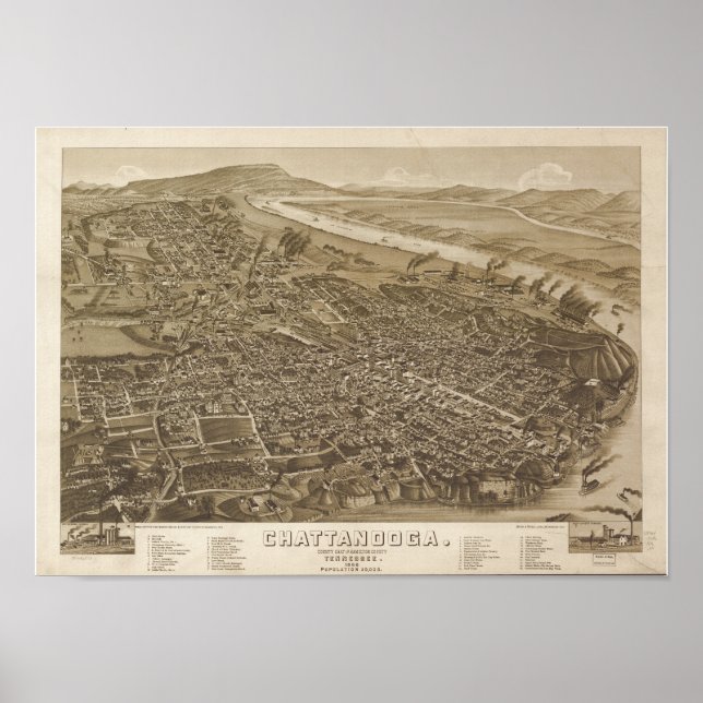 Poster Mapa Panorâmico Antiquado de Chattanooga Tennessee (Frente)