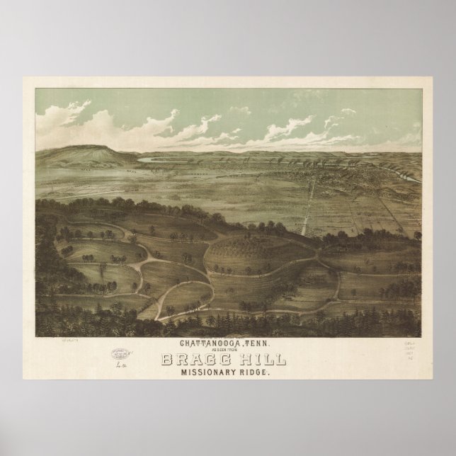 Pôster Mapa Panorâmico Antiquado de Chattanooga Tennessee (Frente)