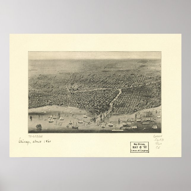 Pôster Mapa Panorâmico Antiquado de Chicago Illinois 1860 (Frente)