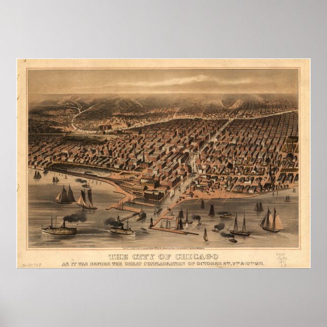 Poster Mapa Panorâmico Antiquado de Chicago Illinois 1871 (Frente)