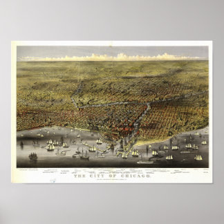 Pôster Mapa Panorâmico Antiquado de Chicago Illinois 1874