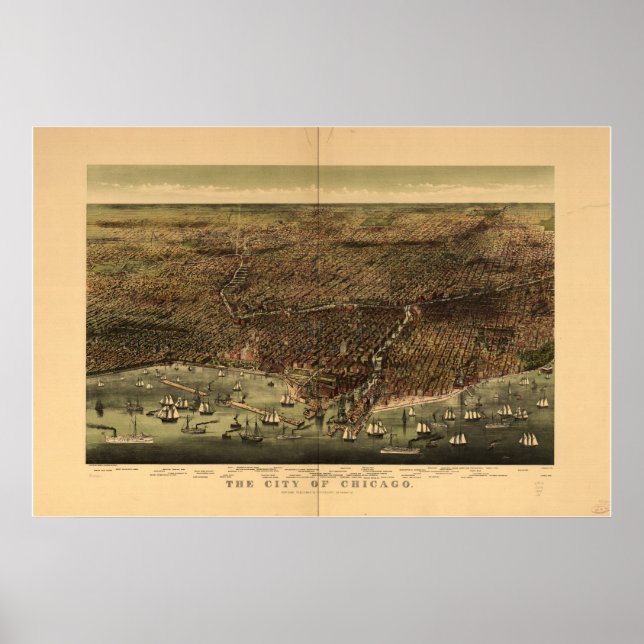 Pôster Mapa Panorâmico Antiquado de Chicago Illinois 1892 (Frente)
