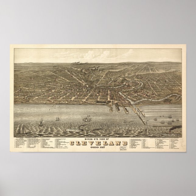 Pôster Mapa Panorâmico Antiquado de Cleveland Ohio 1877 (Frente)