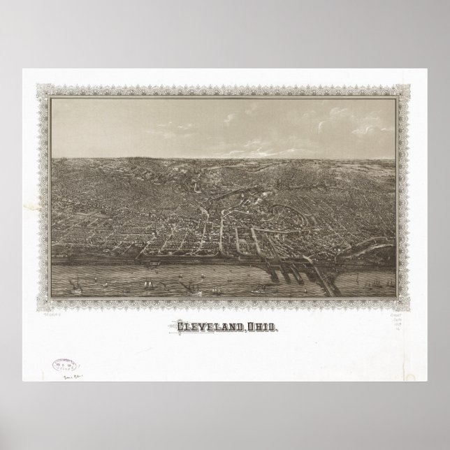 Poster Mapa Panorâmico Antiquado de Cleveland Ohio 1887 (Frente)