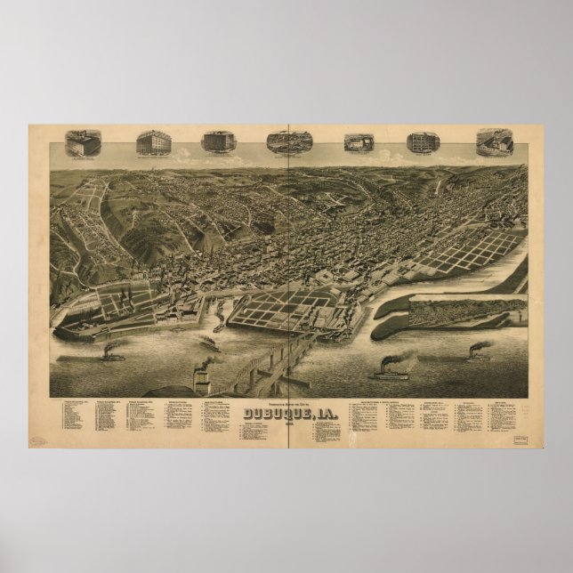 Poster Mapa Panorâmico Antiquado de Dubuque Iowa 1889 (Frente)