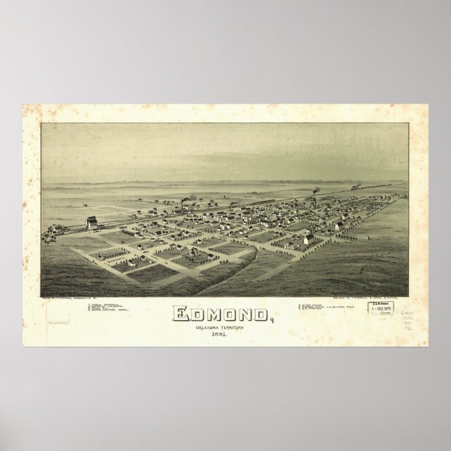 Pôster Mapa Panorâmico Antiquado de Edmond Oklahoma 1891 (Frente)