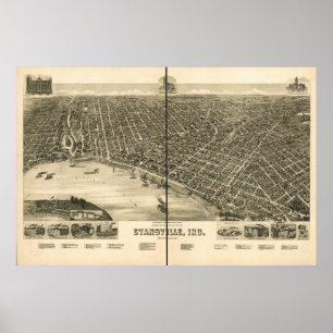 Poster Mapa Panorâmico Antiquado de Evansville Indiana 18