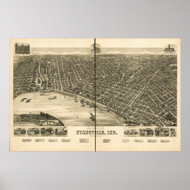 Poster Mapa Panorâmico Antiquado de Evansville Indiana 18 (Frente)