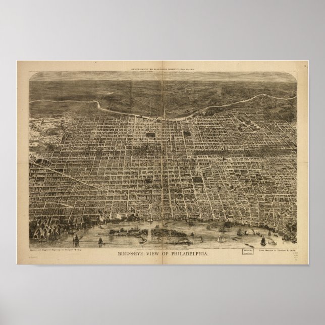 Pôster Mapa Panorâmico Antiquado de Filadélfia Penn 1872 (Frente)