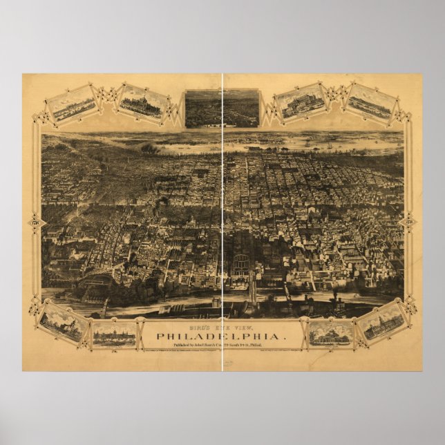 Pôster Mapa Panorâmico Antiquado de Filadélfia Penn 1876 (Frente)